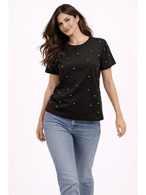 Fashion Friends % 100 Pamuk Taş Detaylı Bisiklet Yaka Kadın Bluz 26Y0104K1