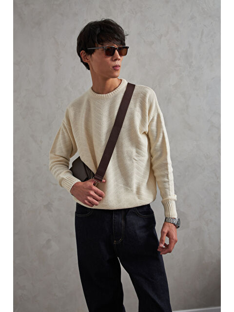 HYMAN Erkek Bisiklet Yaka Oversize Ters Örgü Desen Kazak - S000515374-19966