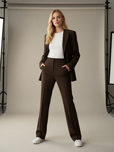 Trendseninle Kadın Kahve Elastanlı Düğmeli Palazzo Yüksek Bel Pantolon - S000497982-19413