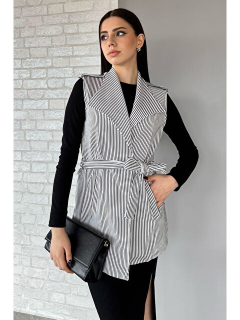 Gülseli Kadın Çizgili Omuz Apoletli Bel Kuşaklı Yelek - S000361160-20063