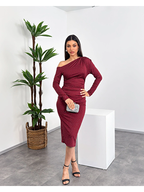 Mialora Kayık Yaka Tek Omuz Taş Baskılı Drapeli Uzun Kollu Esnek Midi Kadın Elbise - S000516475-19951