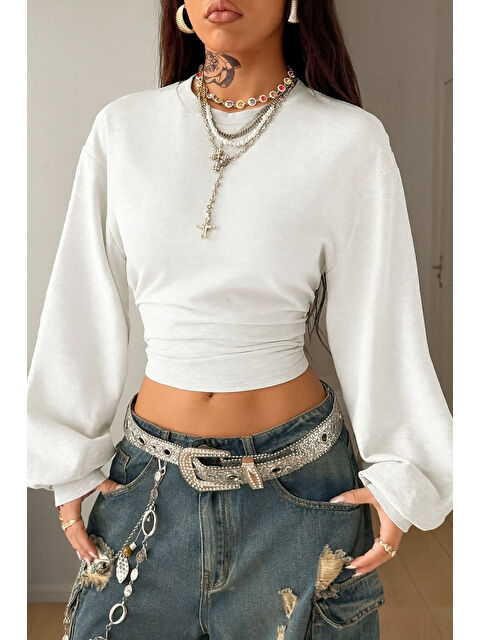 Tarz Cool Kadın Beyaz Bisiklet Yaka Belden Oturtmalı Tasarım Sweatshirt - S000494074-20063