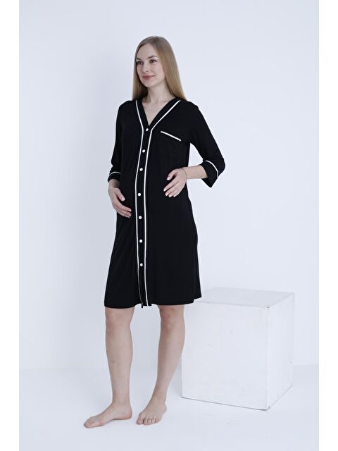 MİSS DÜNYA LİSSA Siyah Önden Düğmeli Şerit Detaylı Hamile ve Lohusa Örme Gecelik - S000363409-14430