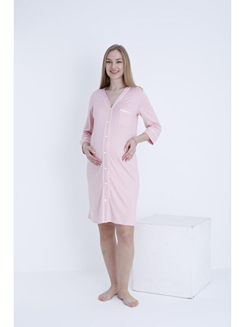 MİSS DÜNYA LİSSA Pudra Önden Düğmeli Şerit Detaylı Hamile ve Lohusa Örme Gecelik - S000363409-7152