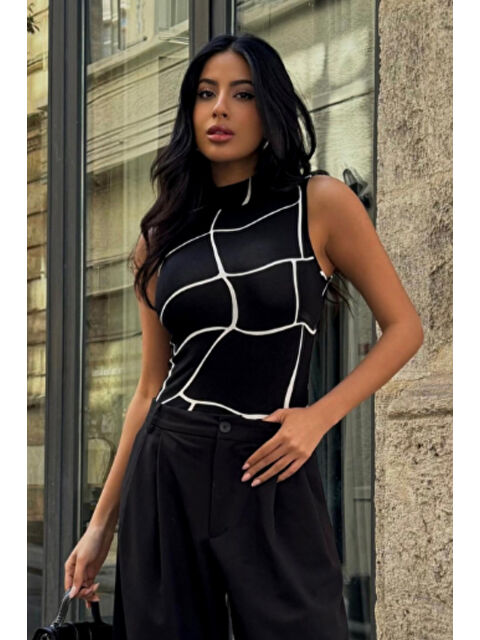 Bipantolon Kadın Kare Ağ Desenli Kolsuz Bluz - S000513198-37424