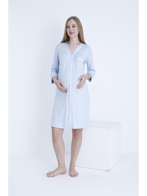 MİSS DÜNYA LİSSA Bebek Mavisi Önden Düğmeli Şerit Detaylı Hamile ve Lohusa Örme Gecelik - S000363409-3642
