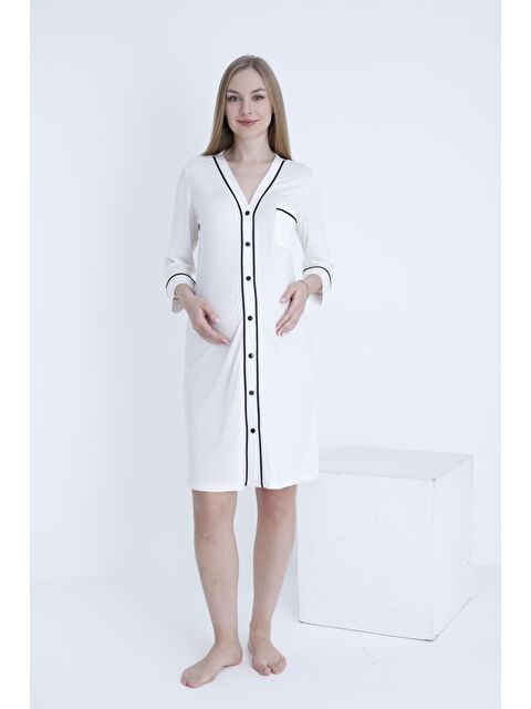 MİSS DÜNYA LİSSA Beyaz Önden Düğmeli Şerit Detaylı Hamile ve Lohusa Örme Gecelik - S000363409-20063