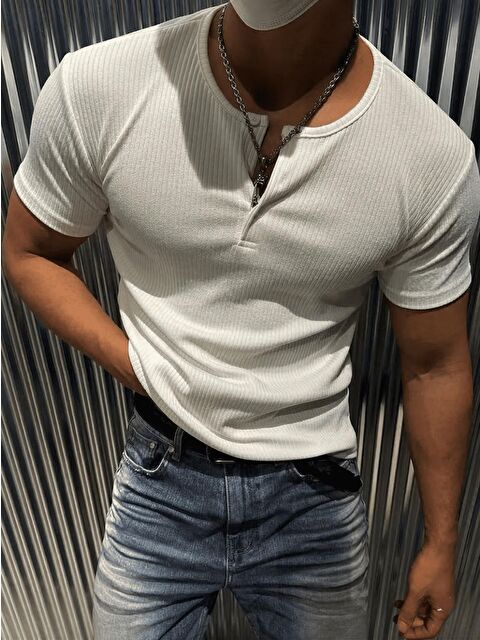 Oksit San Loe Erkek Slim Fit Elastanlı Henley Yaka Kısa Kollu Tişört - Düğmeli Esnek Kumaş - S000530084-20063