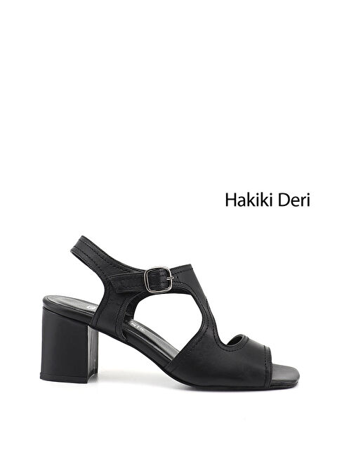 GÖNDERİ(R) Kadın SİYAH Kalın Topuklu Arkası Açık Hakiki Deri Sandalet