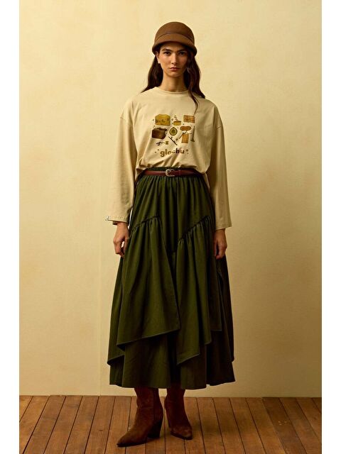 Ceylan Otantik Haki Poliviskon Bohem Kat Etek - S000485341-18547