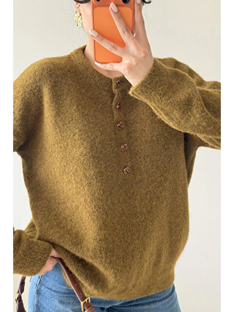 eka Kadın Haki Düğmeli Açık Yaka Kazak 1014-2464 - S000482377-18547