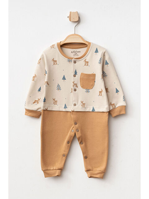 AZİZ BEBE Erkek Bebek Çıtçıtlı Geyik Desenli Tulum 0 Ay - 6 Ay - S000365486-19413