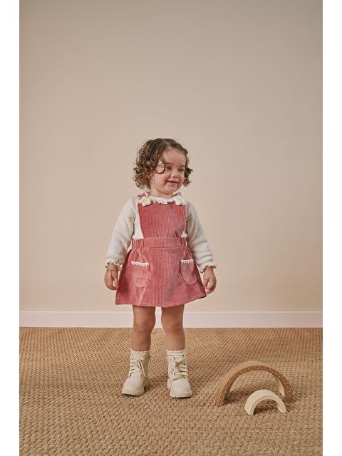 Magu Kız Bebek Pamuklu Gül Kurusu Çiçek Aplikeli Etekli Takım - Bluz Ve Salopet Elbise - S000493712-23173