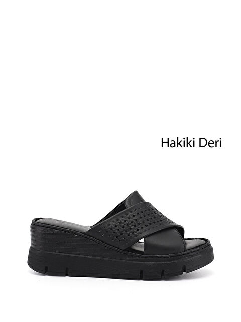 GÖNDERİ(R) Kadın SİYAH Dolgu Topuklu Hakiki Deri Terlik