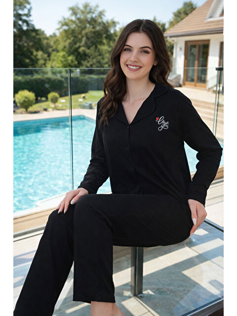 Remsa Kadın Önü Düğmeli Suprem Pijama Takımı 0603 Siyah04 - S000514924-3457