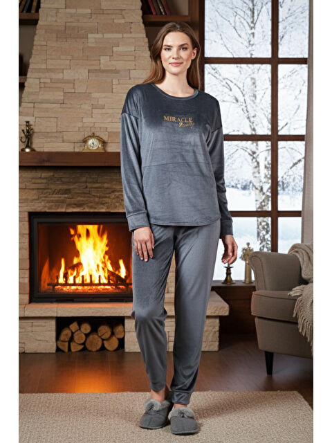 Remsa Kadın Kadife Baskılı Pijama Takımı 25381 Antrasit - S000494075-29666