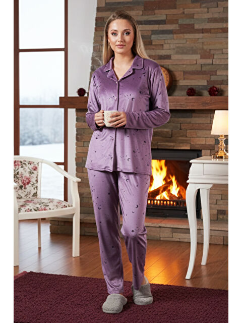 Remsa Kadın Önü Düğmeli Kadife Pijama Takımı 25362 Lila - S000494078-17878