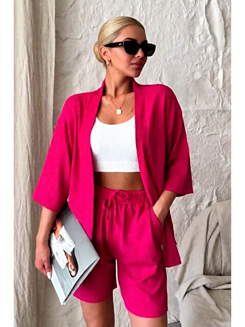 Trendseninle Kadın Fuşya Pembe Kimono Gömlek Şort Alt Üst Takım - S000492891-20024