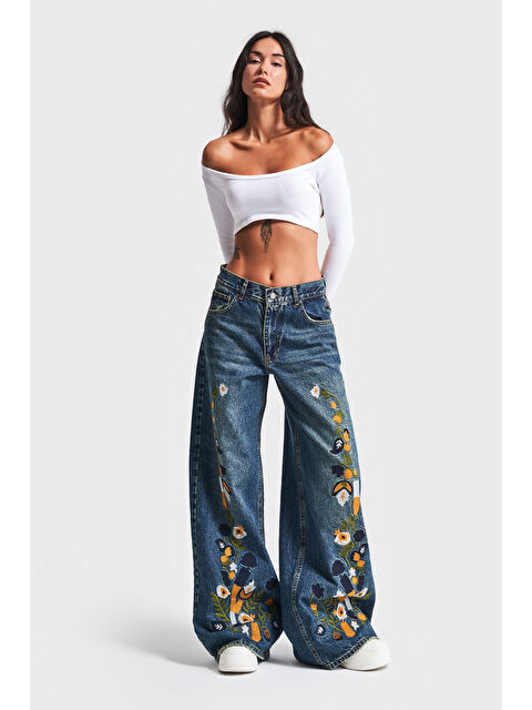 It's Basic Kadın T.Kot Rengi Nakışlı Tasarım Palazzo Fit Denim - S000277267-17234