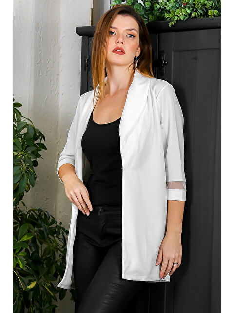 Chiccy Beyaz Şal Yaka 3/4 Kol Kapamasız Meşli Casual Dokuma Ceket