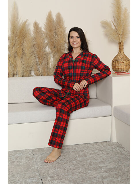 Enisena Kadın Pijama Takımı-Ekose Desenli - Pat Yakalı-Düğmeli 12283 - S000444779-19951
