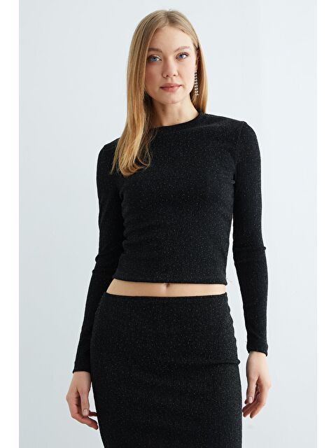 Fullamoda Taşlı Simli Bisiklet Yaka Bluz - S000501514-19351