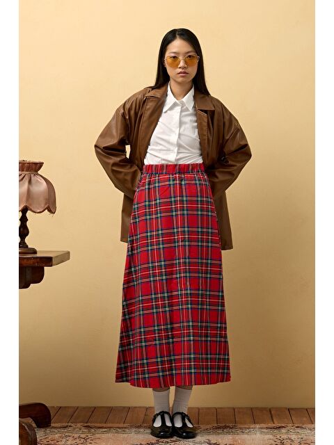 Ceylan Otantik Kırmızı Ekose Kloş Etek - S000485765-20045