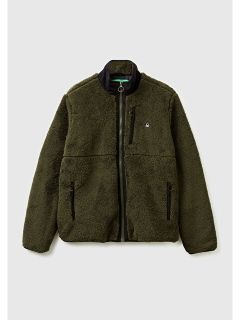 United Colors Of Benetton Erkek Haki  Önü Logo İşlemeli Cep Detaylı Dik Yaka Polar Ceket Mont - S000513992-18547