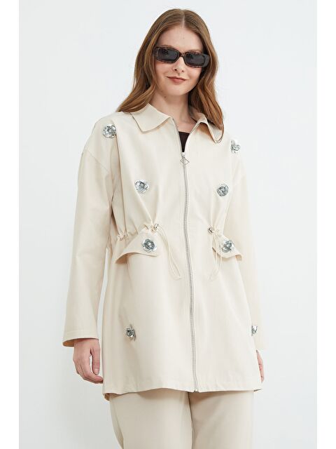 Fullamoda Çiçek İşlemeli Beli Lastikli Trençkot - S000511226-19928