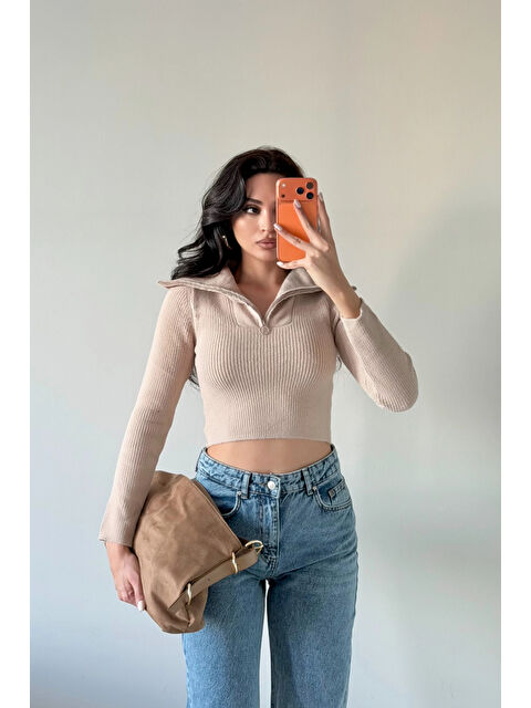 eka Kadın Bej Crop Kazak 1014-2022 - S000482376-19928