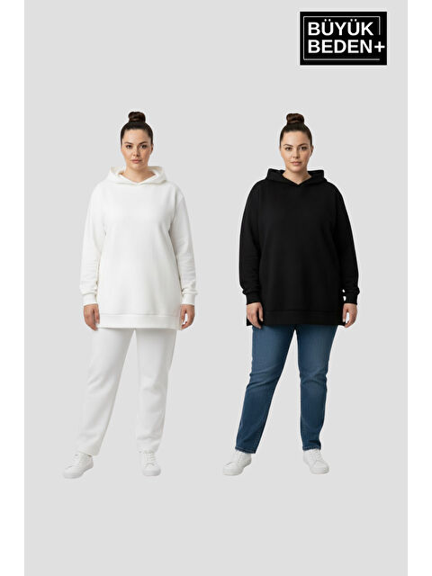 Süperlife Kadın Büyük Beden 2 'li Set Kapüşonlu Tunik ince Sweatshırt SPR26BTK991+2 - S000498004-5406