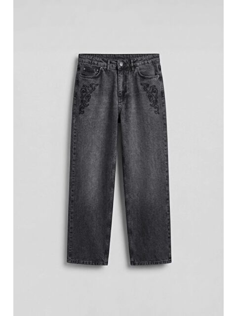 Abluka Online Erkek Baggy Nakış Detaylı Jean Pantolon Koyu Gri