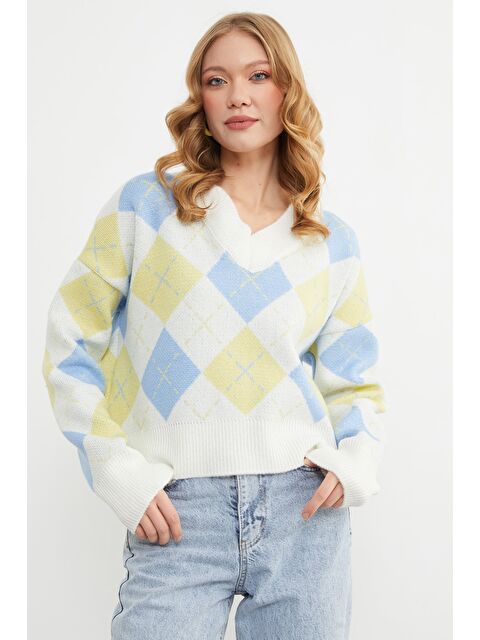 Fullamoda Baklava Desenli V Yaka Triko Kazak - S000490929-19965