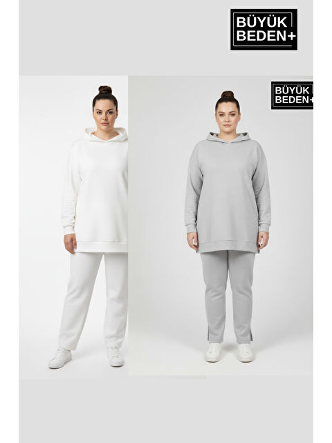 Süperlife Kadın Büyük Beden 2 'li Set Kapüşonlu Tunik ince Sweatshırt SPR26BTK991+2 - S000498004-37277