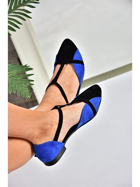 Fox Shoes B726881802 Saks Mavi/Siyah Süet Kadın Babet - S000031768-37414