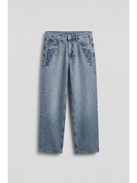 Abluka Online Erkek Baggy Nakış Detaylı Jean Pantolon Mavi
