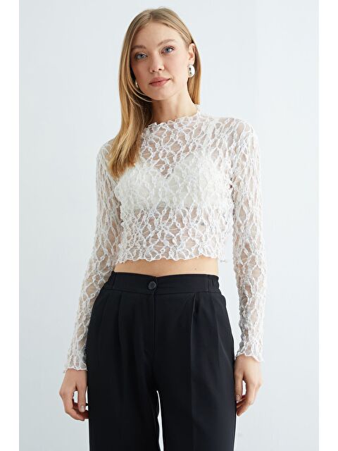 Fullamoda Dantelli Dik Yaka Transparan Bluz - S000501517-20063