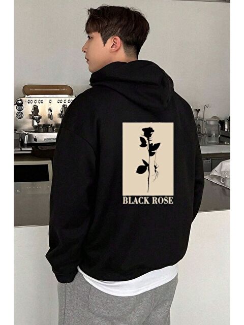 Trendseninle Siyah Black Rose Baskılı Oversize Kapüşonlu Sweatshirt Uzun Kollu Hoodie - S000465322-19351
