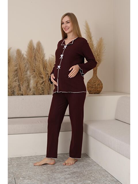 MİSS DÜNYA LİSSA Bordo Hamile ve Lohusa Uzun Kollu Yumoş Kumaş Fiyonklu Bel Ayarlı Pijama Takımı - S000452498-19951