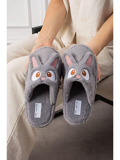 Oksit My Tavşan Nakışlı Kadın Ev Terliği Pelüş Terlik Çeyiz ve Bohça Terliği Ses Yapmaz Kalın Taban - S000437528-33408