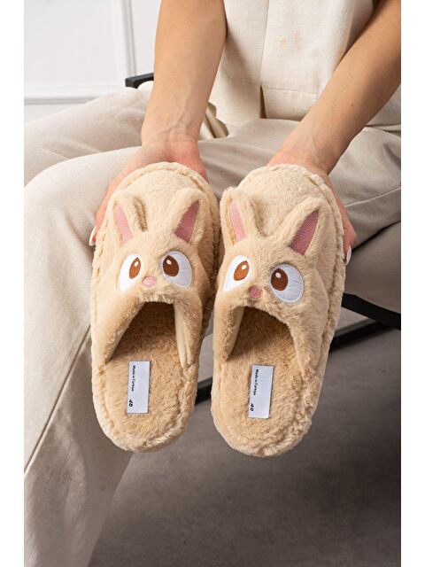 Oksit My Tavşan Nakışlı Kadın Ev Terliği Pelüş Terlik Çeyiz ve Bohça Terliği Ses Yapmaz Kalın Taban - S000437528-4557