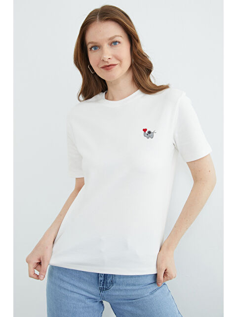 Fullamoda Fil Nakışlı Bisiklet Yaka Tişört - S000532026-20063