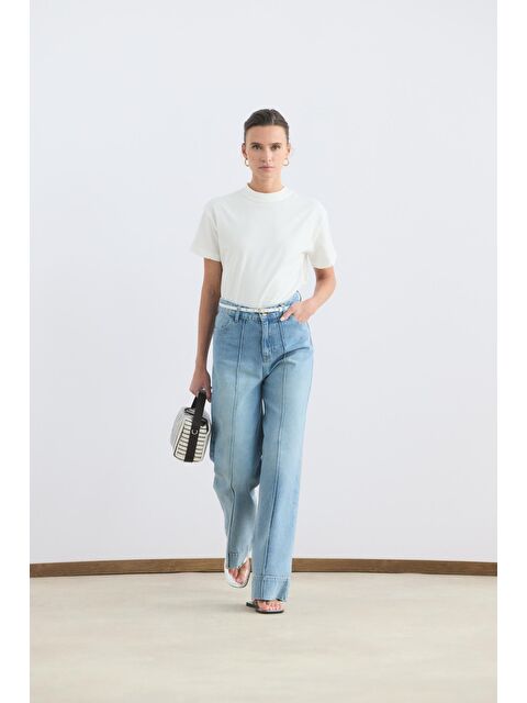 Kadriye Baştürk Yüksek Bel Çimalı Geniş Paça Jean Pantolon Açık Mavi - S000510813-17437