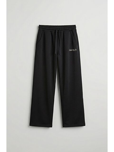 Abluka Online Erkek Baggy Fit Nakış Detaylı Basic Eşofman Altı Siyah