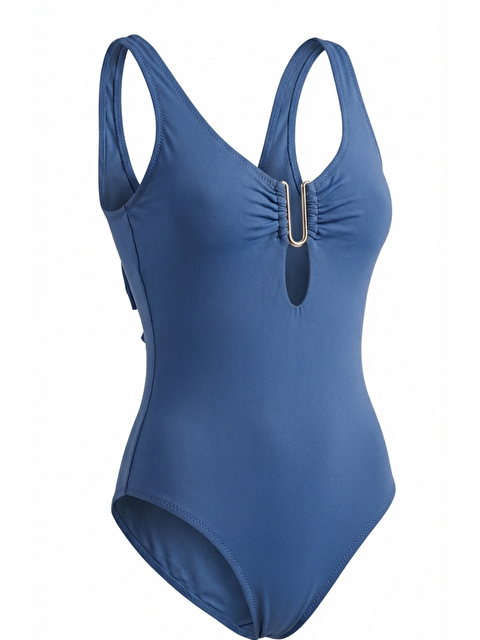 Katia And Bony Kadın Mediterranean Gold Metal Aksesuarlı Fiyonklu Sırt Dekolteli Mavi Mayo