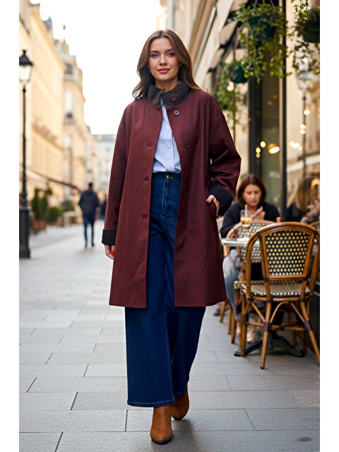 Remsa Önü Düğmeli Yaka Kadife Detay Kap Ceket 16745 Bordo - S000495229-19951