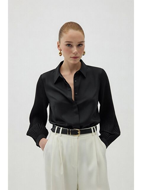 SATEEN Plise Kollu Gömlek - Siyah - S000516482-19351