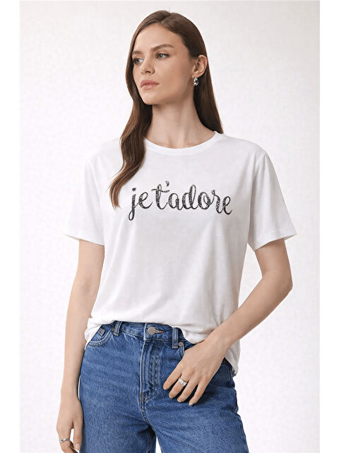 Fashion Friends Dökümlü Baskılı Bisiklet Yaka Kadın Bluz 26Y0190K1