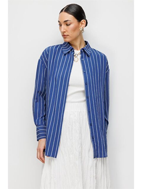 Mizalle Oversize Lacivert Çizgili Gömlek - S000530637-21164