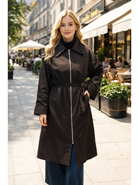 Remsa Önü Fermuarlı Yaka Kadife Detay Kap Ceket 16745 Kahverengi - S000495229-19413